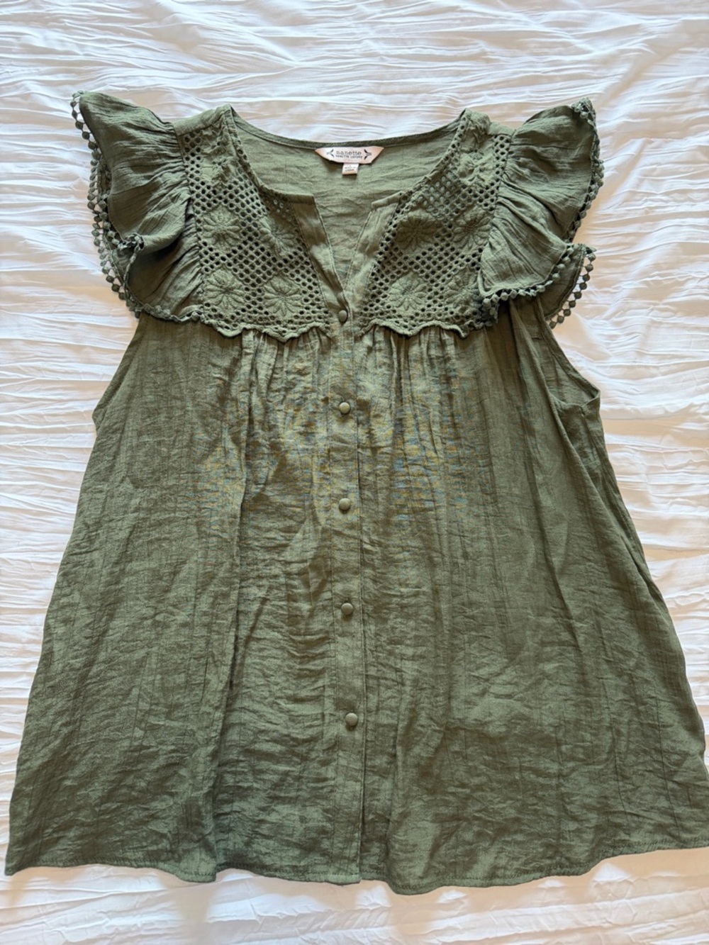 Nanette Lepore Olive Green Crochet Yoke Flutter Sleeve Button-Front Top